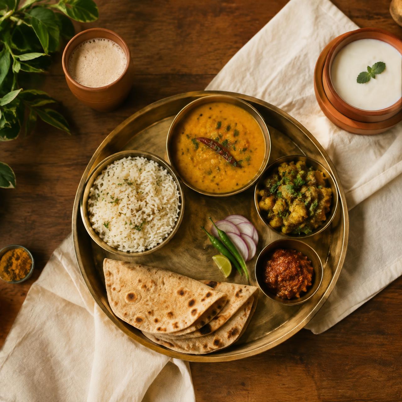 A home-style Indian thali with dal, rice, sabzi and rotis